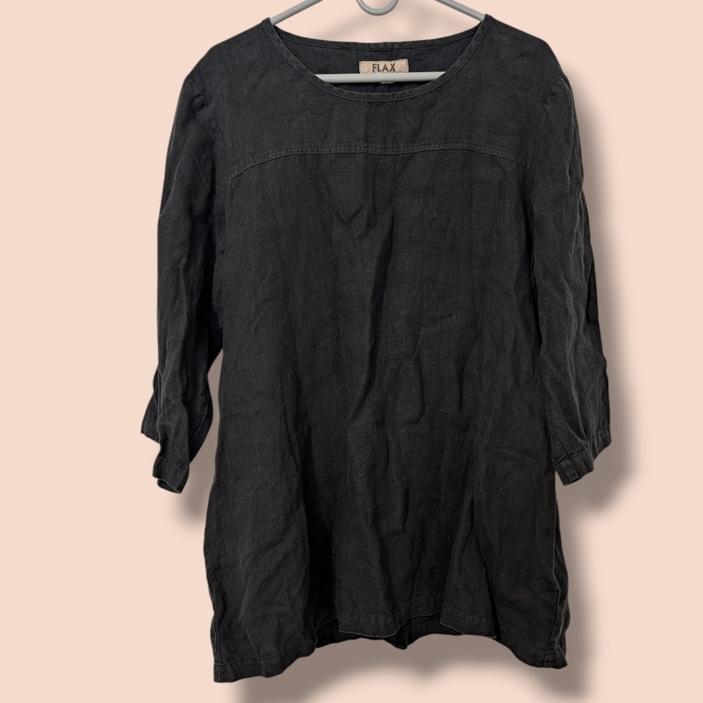 Flax Black 100% Linen 3/4 Sleeve Crewneck Relaxed Tunic Mini Dress M Lagenlook - Picture 1 of 8